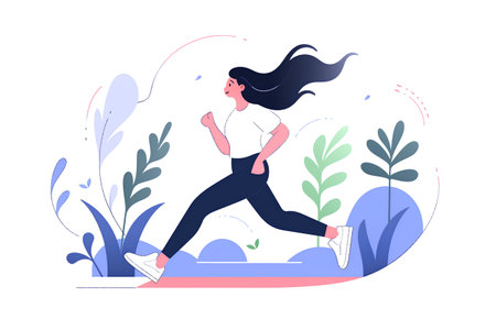 Running woman in sportswear. Girl jogging in park. Vector illustration in flat style.の素材