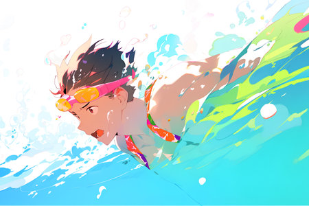 Vector illustration of a young man swimming in the sea. Cartoon style.の素材
