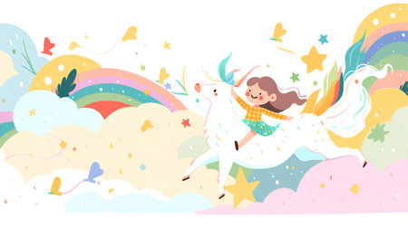 Cute cartoon girl riding a unicorn on a rainbow background. Vector illustration.の素材