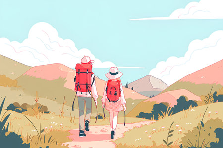 Hiking couple with backpacks walking in the mountains. Cute vector illustrationの素材