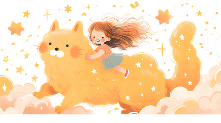 Cute little girl playing with a big dog. Vector illustration.の素材