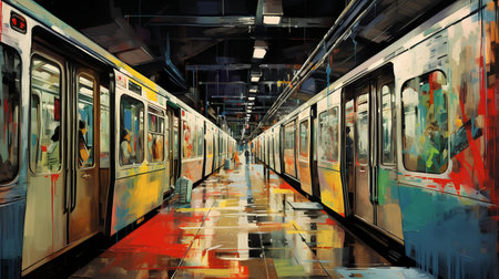 Train in a subway station. Digital painting effect. 3D renderingの素材