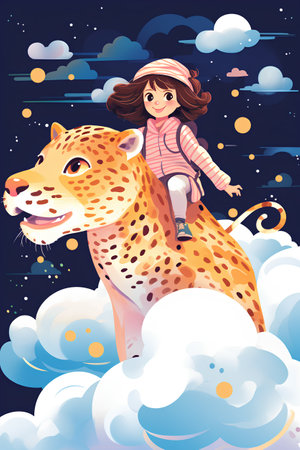 Cute cartoon girl sitting on a big cheetah. Vector illustrationの素材
