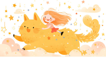 Cute little girl with dog. Vector illustration in cartoon style.の素材
