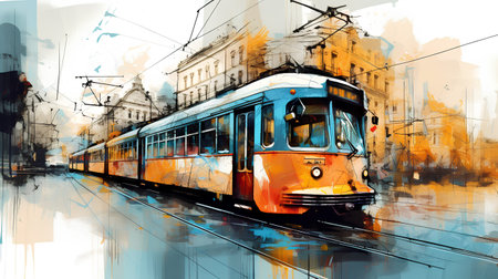 Tram on the street of Prague, Czech Republic. Digital painting.の素材