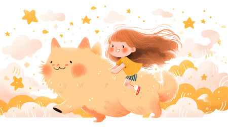 Cute little girl with long hair and a dog. Vector illustration.の素材