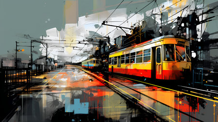 Modern tram on the street in the city. Digital painting illustration.の素材