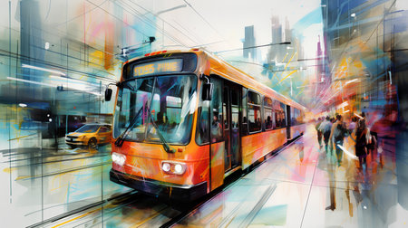 modern tram in the city, digital painting illustration, 3d renderingの素材
