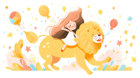 Cute little girl playing with a lion. Vector illustration in cartoon style.の素材