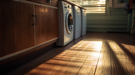 Laundry room interior with washing machine and wooden floor. Selective focus.の素材