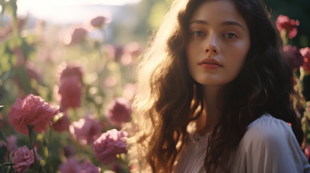 Portrait of a beautiful young woman with long curly hair in a field of pink roses.の素材