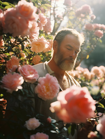 Portrait of a bearded senior man standing in a rose garden.の素材