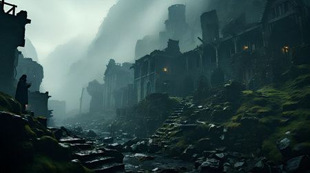 Fantasy landscape of abandoned haunted castle in the fog. 3d renderingの素材
