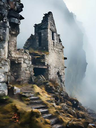 Mysterious ruins of an ancient stone house in the foggy mountainsの素材