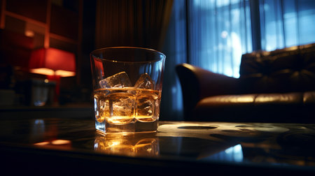 Glass of whiskey with ice cubes on the table in a bar.の素材