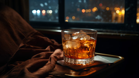 A glass of whiskey with ice on the table in a cafe.の素材
