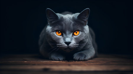 Portrait of a blue british cat with orange eyes.の素材