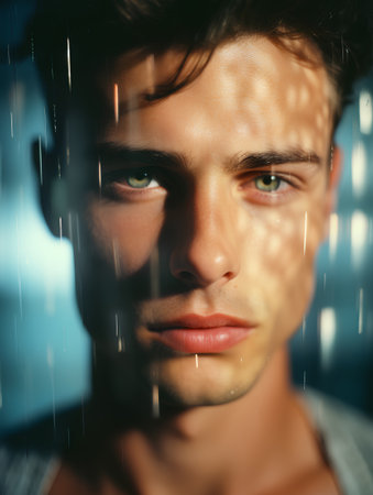 Portrait of a handsome young man under the rain. Men's beauty, fashion.の素材