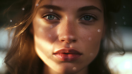 portrait of a beautiful young woman in the rain close-upの素材