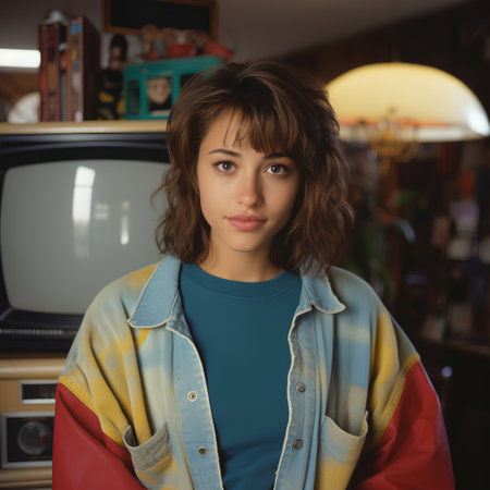 Portrait of a beautiful young woman standing in front of a TVの素材