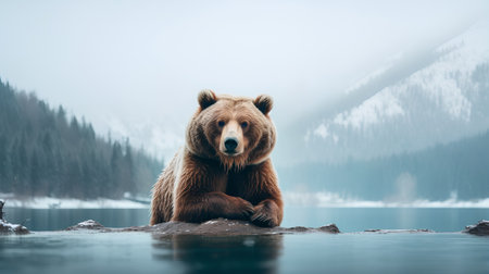 Brown bear sitting on a rock in the middle of a frozen lakeの素材