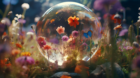 Glowing crystal ball with wild flowers and butterflies. 3d renderingの素材