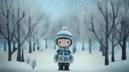 Cute little boy in winter forest. 3d render illustration.の素材