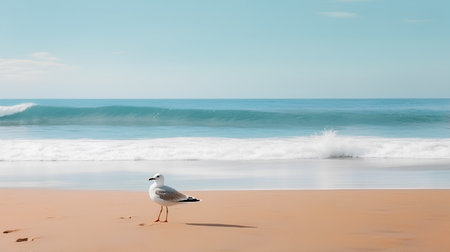 Seagull on the beach with waves in the background and copy spaceの素材