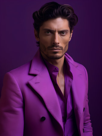Portrait of a handsome young man in purple suit. Men's beauty, fashion.の素材