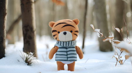 Teddy bear in the winter forest. Cute animal in warm clothes.の素材