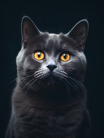 Portrait of a blue british cat on a black background.の素材