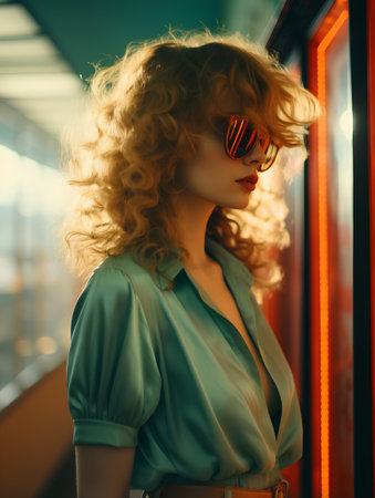 Fashion portrait of beautiful young woman with curly hair and sunglasses.の素材