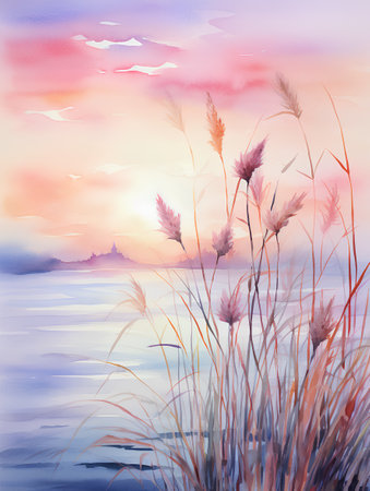 Watercolor illustration of reeds on the lake at sunset. Hand-drawn illustration.の素材