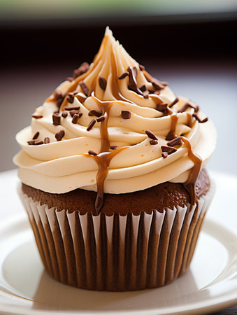 Chocolate cupcake with cream and chocolate shavings on topの素材