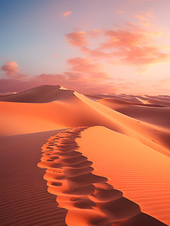 Desert sand dunes at sunset. 3d render illustration.の素材