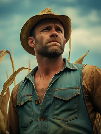 Portrait of a handsome farmer standing in cornfield. Toned.の素材
