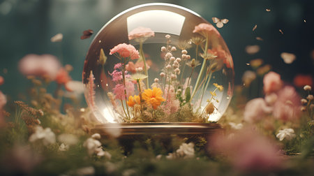 Glowing crystal ball with flowers in the forest. 3d renderingの素材