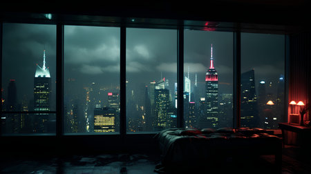 Illuminated night city by the window. 3D rendering.の素材