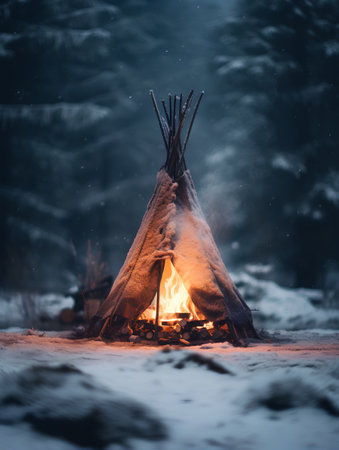 Camping in the woods on a winter night. Boho tent.の素材