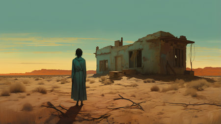 The girl stands in front of an abandoned house in the desert.の素材