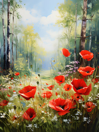 Poppies on the meadow in the forest. Digital painting.の素材