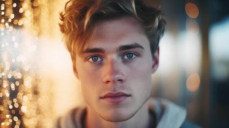 Portrait of a handsome young man with blond hair and blue eyesの素材