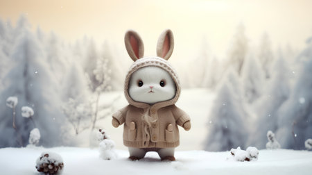 Cute little bunny in winter forest. Christmas and New Year background.の素材