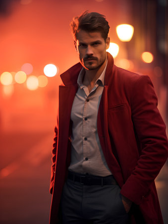 Handsome young man in red coat walking on the street at nightの素材