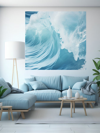 Modern living room interior with blue sofa, coffee table and sea waves. 3D renderingの素材