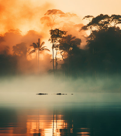 Foggy morning on the lake with silhouettes of palm trees and reflectionの素材