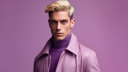 Portrait of a handsome young man in a pink coat. Men's beauty, fashion.の素材
