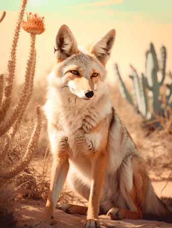 Beautiful fox sitting in the desert. Vintage style. Toned.の素材