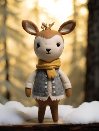 Cute reindeer doll in winter forest. Christmas decoration.の素材
