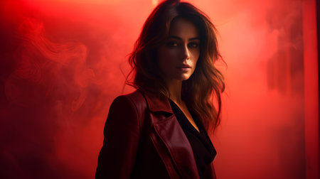 Portrait of a beautiful young woman in a red jacket. Studio shot.の素材